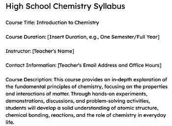 Preview of High School Chemistry Syllabus  GOOGLE DOC