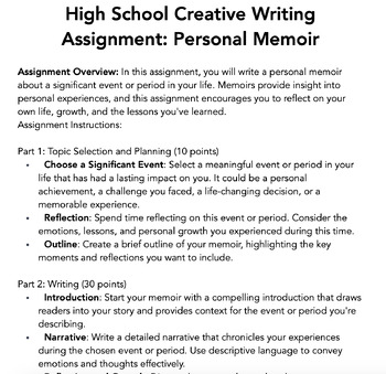 Preview of High School Creative Writing Assignment: Personal Memoir