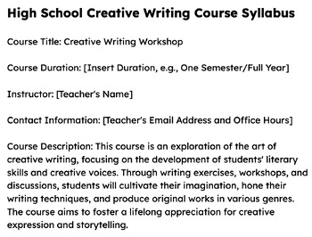Preview of High School Creative Writing Course Syllabus  (GOOGLE DOC)