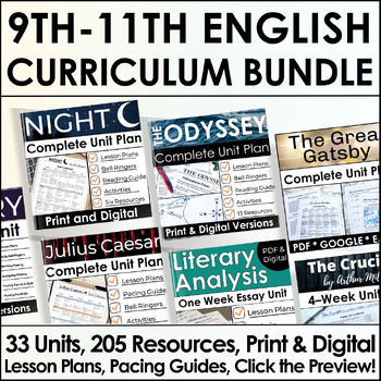 Preview of High School English ELA Curriculum for 9th Grade, 10th Grade, 11th Grade English