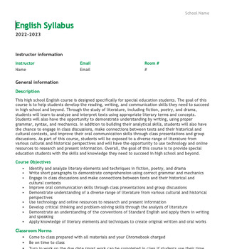 Preview of High School English Syllabus for Special Education *Word Document Simple
