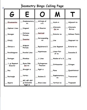 Preview of High School Geometry Vocabulary Bingo