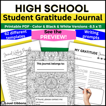 Preview of High School Gratitude Journal PDF, 60+ pages, Writing Prompts, Color & Blk & Wht