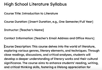 Preview of High School Literature Syllabus GOOGLE DOC