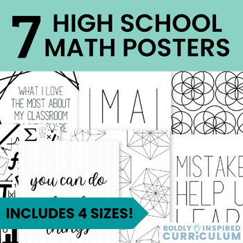 Preview of High School Math Classroom Decor | 7 Black & White Minimalist Math Posters