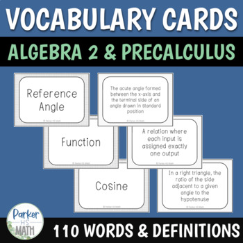 Preview of High School Math Vocabulary Cards for Algebra 2 or Precalculus