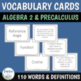 High School Math Vocabulary Cards for Algebra 2 or Precalculus