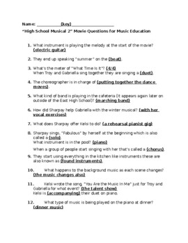Preview of High School Musical 2 Movie Questions for Music Education Elementary / Middle