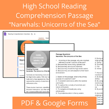 Preview of Reading Comprehension Passage & Questions | Topic: Narwhals | Grade 9 10 11 12