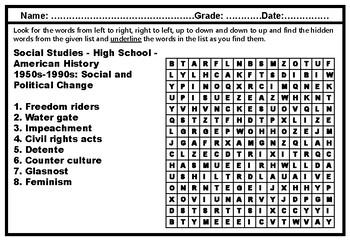 Preview of 45 High School Social Studies, Word Search Worksheets, Vocabulary Sub Plan