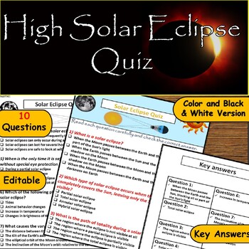 Preview of High School Solar Eclipse Quiz: 10 Question & Key Answers – April 8th, 2024
