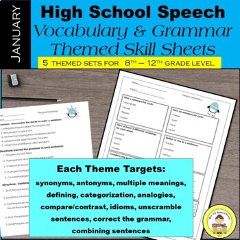 Preview of High School Speech Therapy  Vocabulary and Grammar Skill Sheets ~ January Set