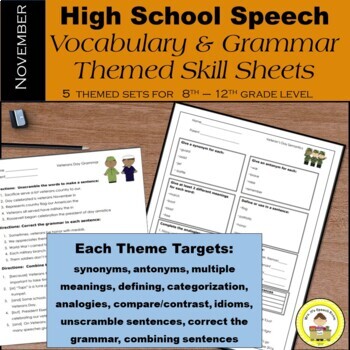 Preview of High School Speech Therapy  Vocabulary and Grammar Skill Sheets ~ November Set