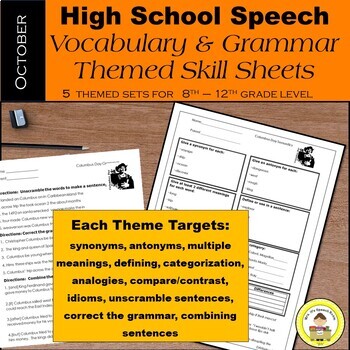 Preview of High School Speech Therapy  Vocabulary and Grammar Skill Sheets ~ October Set