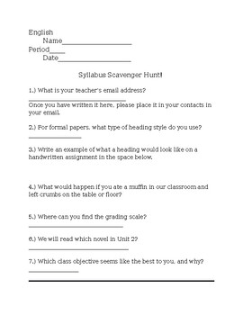 Preview of High School Syllabus Scavenger Hunt