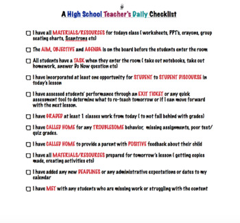 Preview of High School Teacher's Daily Checklist