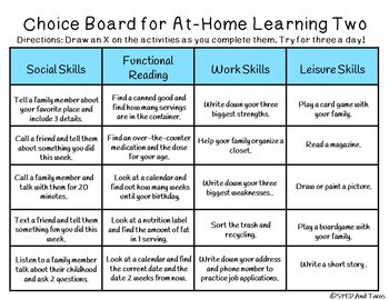 High School and Transition Choice Board Two- Distance Learning | TpT