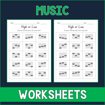 Preview of High or Low Music Notes - Printable Worksheets - Test Prep - Sub Plan