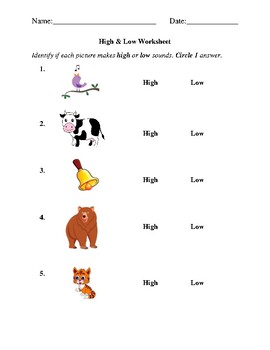 High or Low Worksheet (Lower Elementary) by Music with Ms Jackie