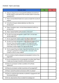 Preview of Higher Level Essay student  checklist - IBDP Language & Literature