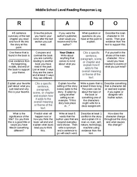 Preview of Higher Level Middle School Reading Response Bingo Board