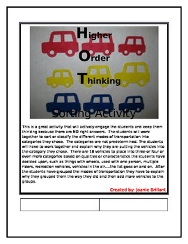 Preview of Higher Order Thinking - Sorting Transportation
