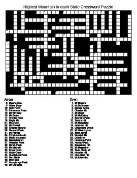 Highest Mountain in Each State Crossword and Word Search TpT