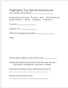 Preview of Highlights Top Secret Adventures/Passport to Adventure worksheet template