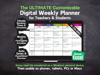 Preview of Customizable Digital Weekly Planner Teacher - Excel 2024-2025 & Beyond