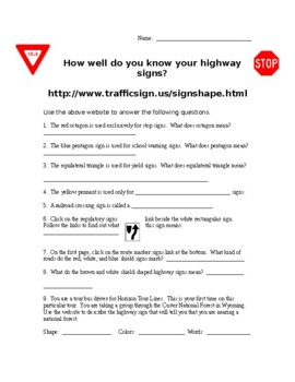 Highway Signs Worksheet by Jana Ray | TPT