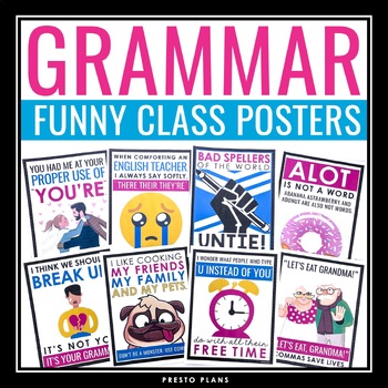Preview of Grammar Posters Classroom Bulletin Board Decor - 20 Funny Grammar Posters