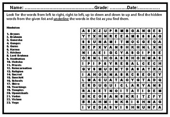Preview of Hinduism, Word Search Worksheet, Ancient India, Religion Research Project