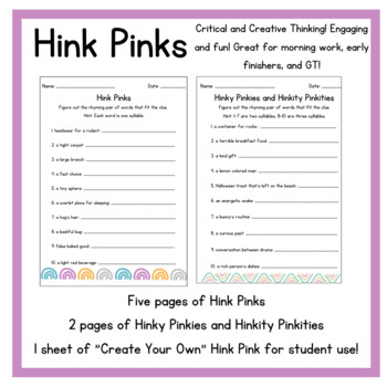Preview of Hink Pinks: 8 Hink Pink, Hinky Pinky, Hinkity Pinkity + student creation option!