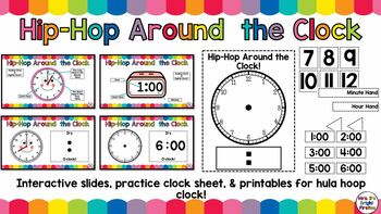Preview of Hip Hop Around the Clock Interactive Slides,Hula Hoop Clock, and Clock Worksheet