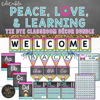 Preview of Hippie Chic Tie Dye Classroom Theme Decor Bundle - EDITABLE