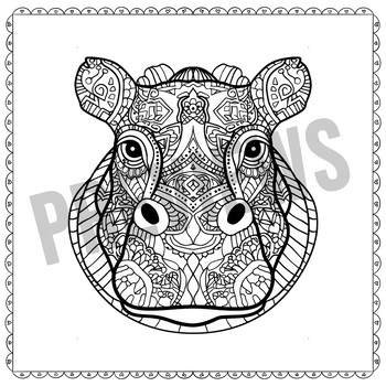 Preview of Hippo Mindfulness with Mandala Kids Coloring Page Kids, Adults, Hippo Coloring