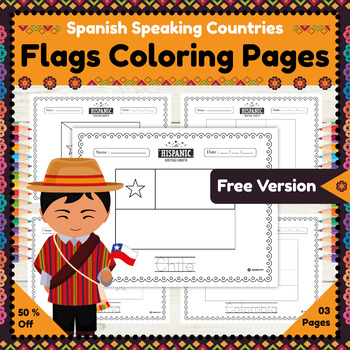 Preview of Hispanic Countries Flags Coloring Pages with Handwriting Practice | Free Version