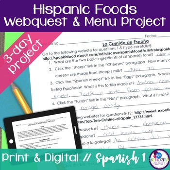 Preview of Hispanic Foods Webquest and Menu Project - authentic, la comida
