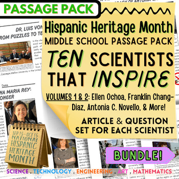 Preview of Hispanic Heritage Month 10 Scientists Biography Bundle HHM Science Middle School