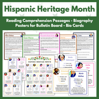 Preview of Hispanic Heritage Month - 12 Biography Reading Passages| Posters| Bulletin Board