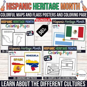 Preview of Hispanic Heritage Month: A Colorful Maps and Flags Posters and Coloring Page