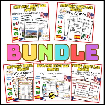 Preview of Hispanic Heritage Month Activities  BUNDLE Flashcards ,Word Search, Flag