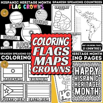 Preview of Hispanic Heritage Month Bundle | Coloring Pages - Flags - Maps - Crowns