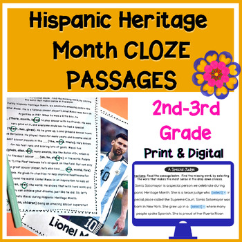 Preview of Hispanic Heritage Month CLOZE Reading Passages | MAZE Comprehension (2nd-3rd)