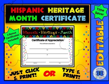 Preview of Hispanic Heritage Month Certificate of Appreciation w/Bonus Awards - Editable