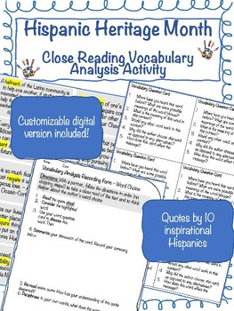 Preview of Hispanic Heritage Month Close Reading Vocabulary Analysis Activity