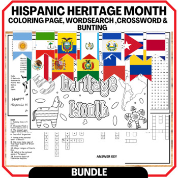 Preview of Hispanic Heritage Month Coloring Pages Wordsearch Crossword Vocabulary BUNDLE