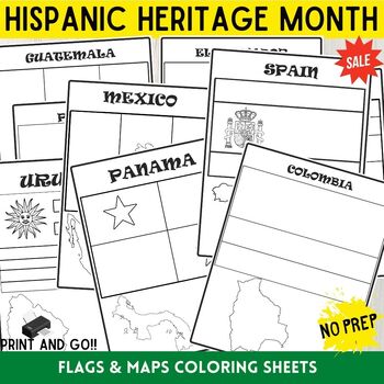 Preview of Hispanic Heritage Month Flags & Maps Coloring Sheets.