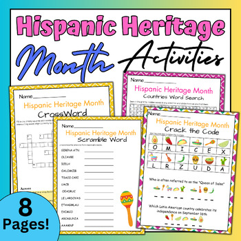 Preview of Hispanic Heritage Month Fun Activities Packet Wordsearch Crossword Worksheets