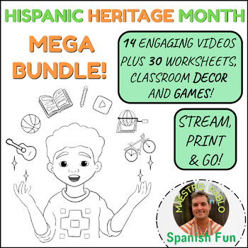Preview of Hispanic Heritage Month MEGA Bundle /  Videos, Worksheets, Songs , Games, Decor!